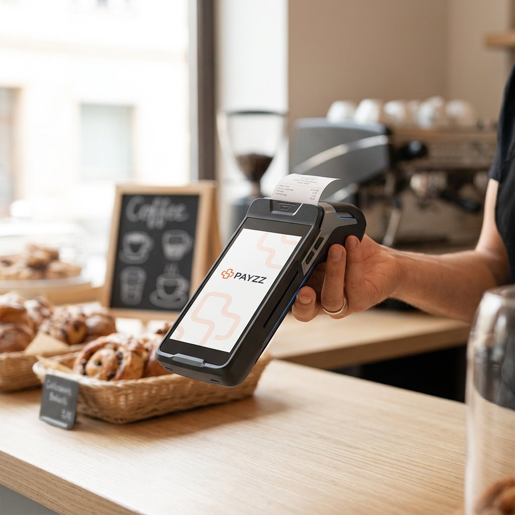 PayZZ Kartenterminal mit Bondrucker im Einsatz an einer Café-Theke